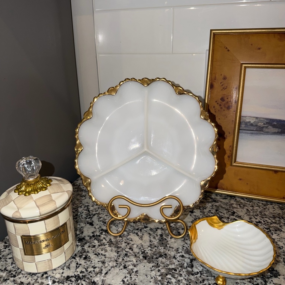 Vintage Milk Glass Divided Serving Dish – Gold Rim